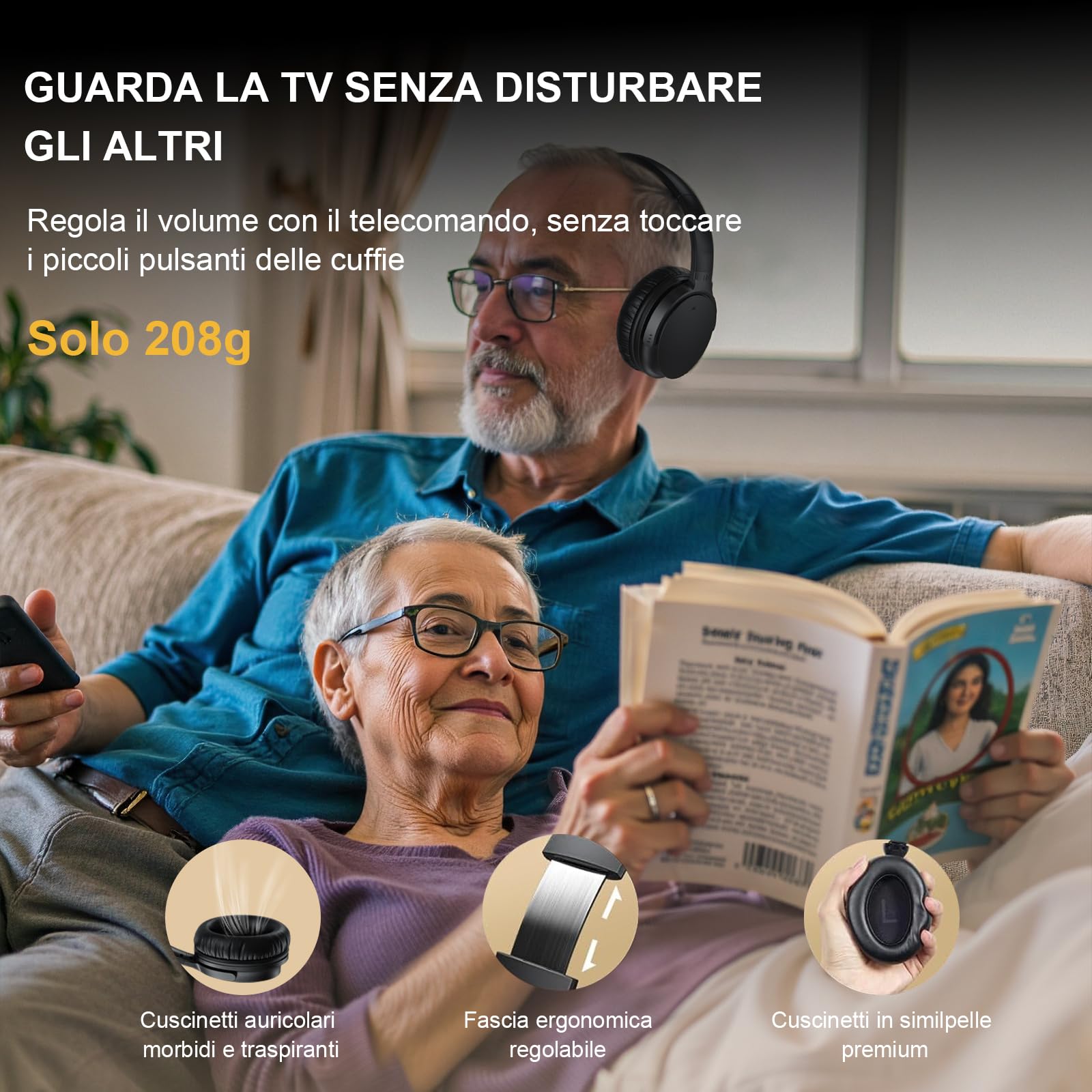 Cuffie TV Wireless per Anziani, Bassa Latenza AptX, Design con Un Pulsante Cuffie TV Over-Ear con Trasmettitore USB (Ottica/RCA/AUX/USB), Più Forti & Chiare per Ipoudenti, 20H Autonomia, Plug & Play