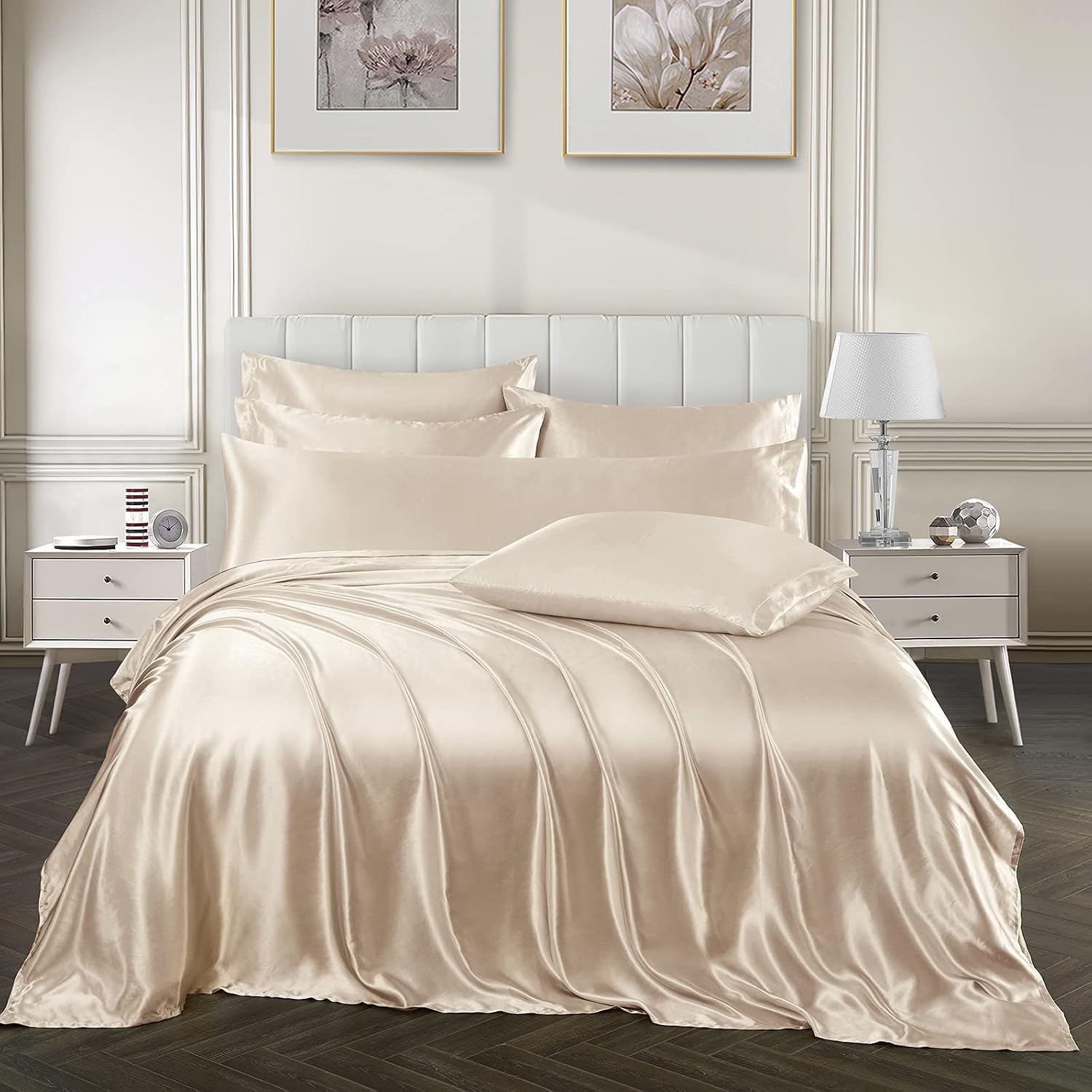 Ersmak 7 Pieces Satin Sheets Set California King Size, Luxury Silky Beige Satin Bed Sheets Set with 1 Deep Pocket Fitted Sheet, 1 Soft Flat Sheet, 4 King Pillowcases and 1 Body Pillowcase