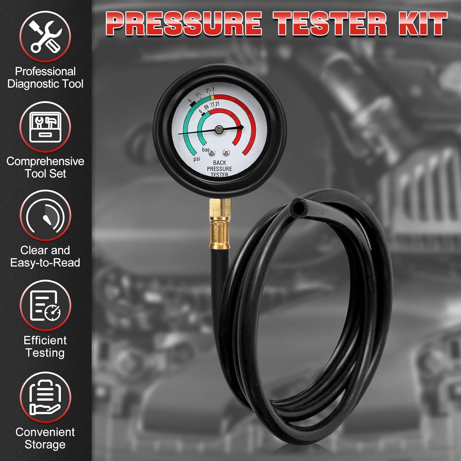 Pressure Tester Kit - Catalytic Converter Clog Diagnostic Tool with 2.5 PSI/Bar Gauge, 6FT Hose, M 12 / M 18 Adapters & ABS Case for Automotive Repair