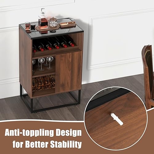 Miniatura 7 de Giantex Armario para bar de vinos, pequeño aparador con parte superior de vidrio templado, patas y estante ajustables, puerta corredera, mesa