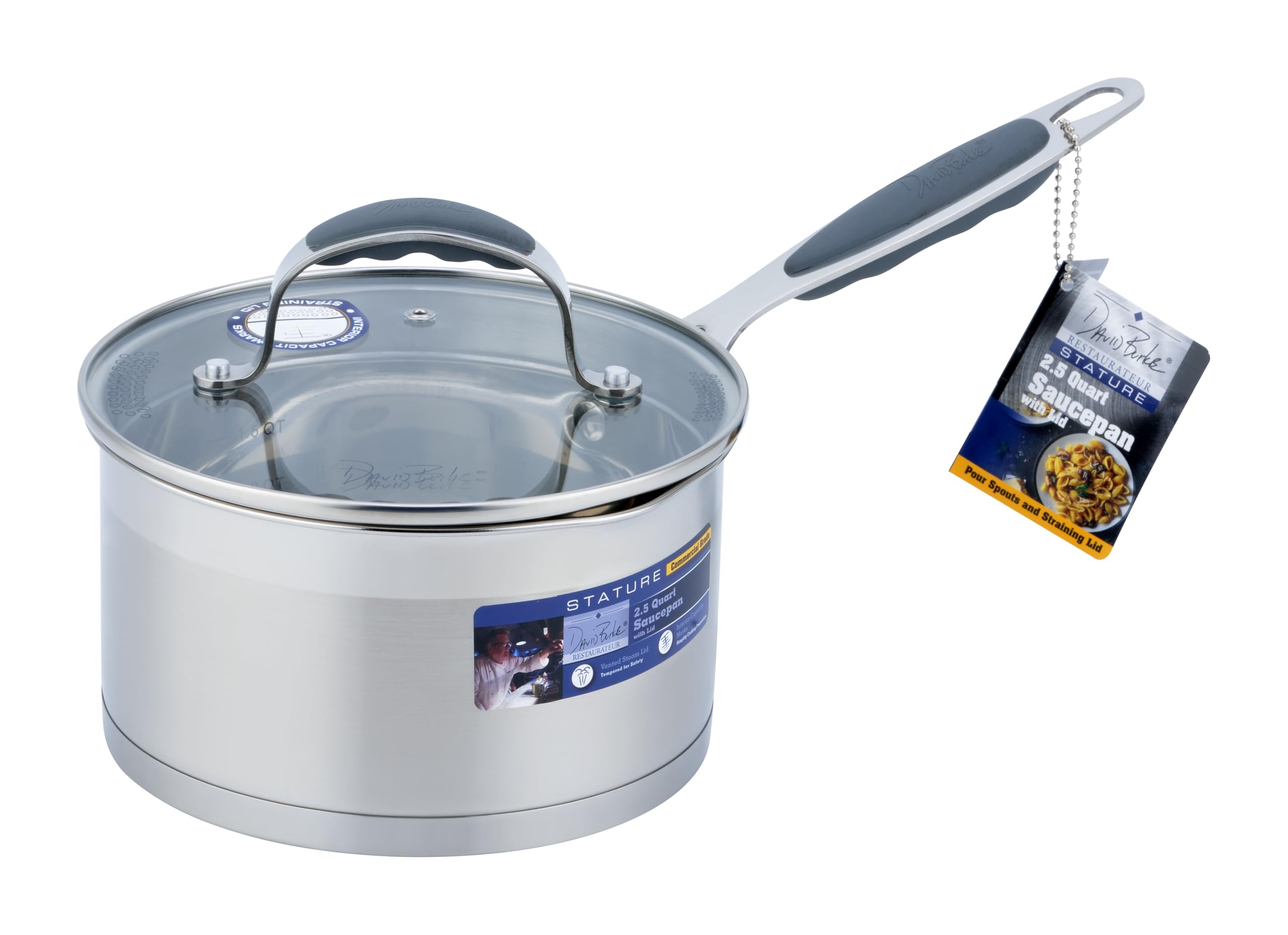 David Burke Stature Stainless Steel 2.5-Quart Sauce Pan with Strain Lid - Oven Safe - Brushed Gray
