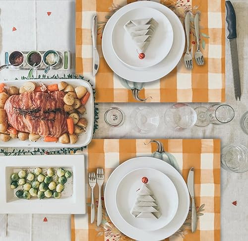 Miniatura 6 de Juego de 4 manteles individuales de otoño de calabaza a cuadros negros de 12 x 18 pulgadas, decoración de hojas de arce para otoño, Acción de