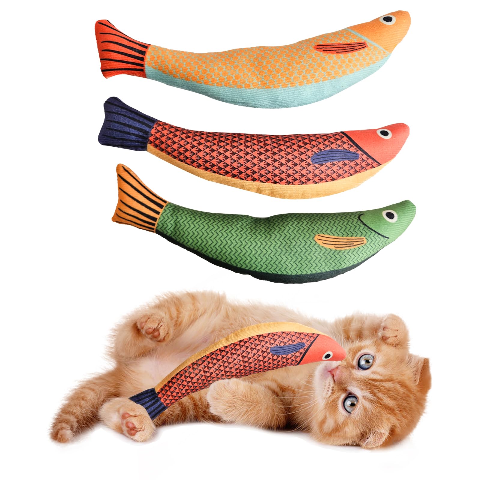 ADVPDKD 3PCS Catnip Fish Toys for Cats, Plush Crinkle Cat Toys for Indoor Cats, Soft Kicker Toy for Kittens, Interactive Chew & Kick Toy for Exercise (24cm)