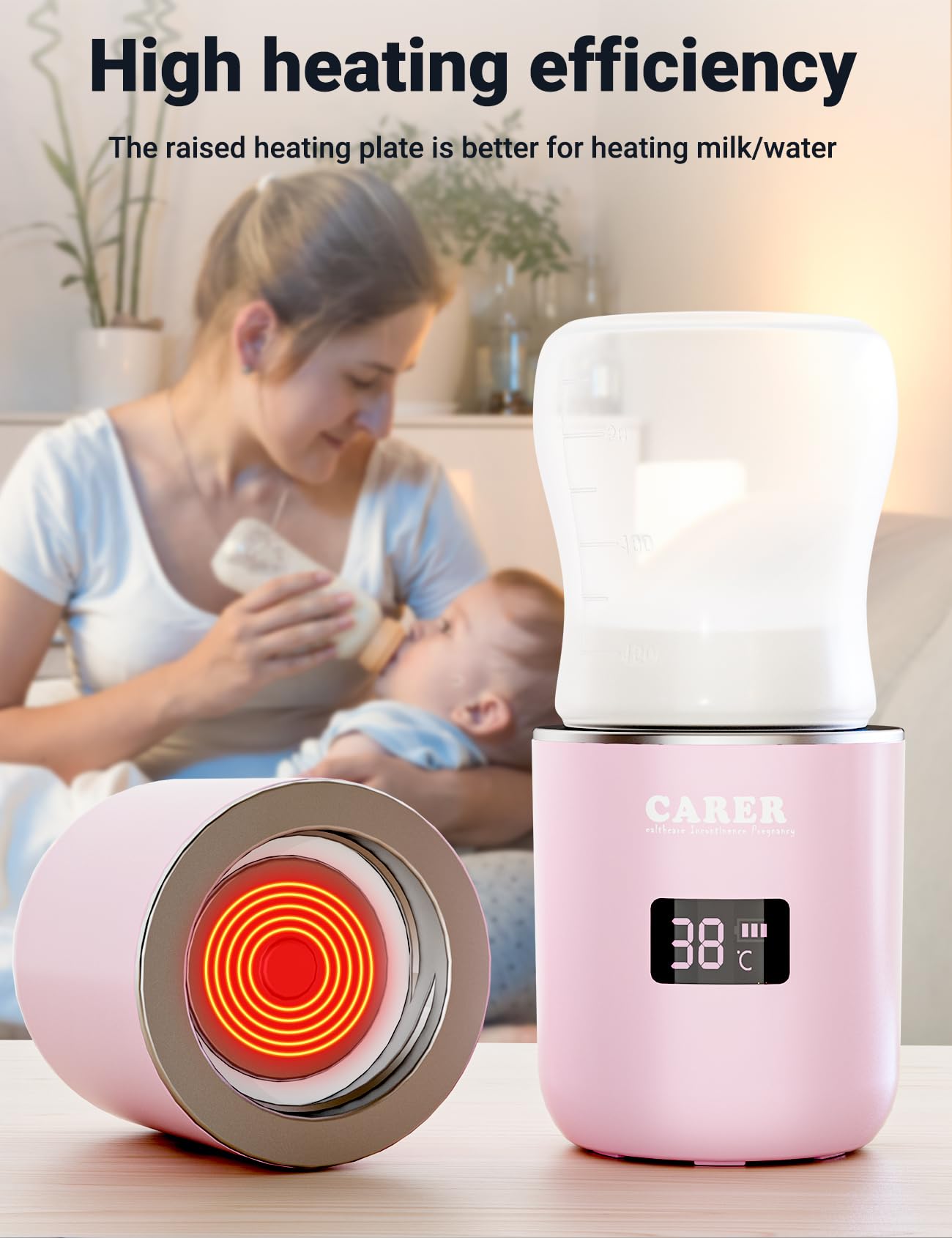 CARER BEAUTY Scaldabiberon Portatile per Bambini con Display LCD Ricarica USB Temperatura Costante Riscaldamento Rapido di Latte e Acqua Compatibile con Diversi Biberon Ideale per Viaggi