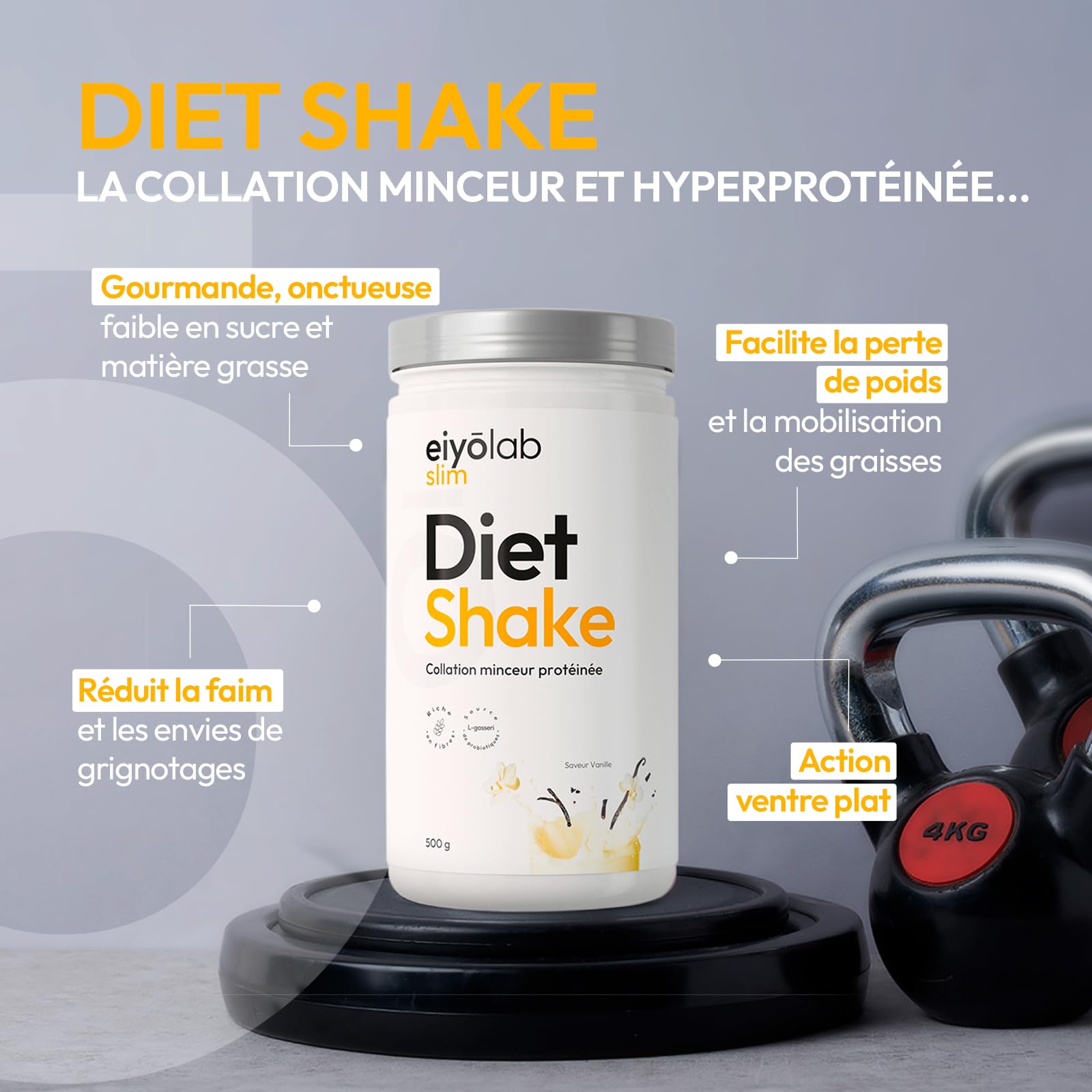 DIET SHAKE | Collation Minceur Protéinée | L-Carnitine pour l’Activation des Graisses | Probiotiques et Psyllium pour la Digestion | Vitamines et Minéraux | Pauvre en Sucres | 500g Vanille | Eiyolab