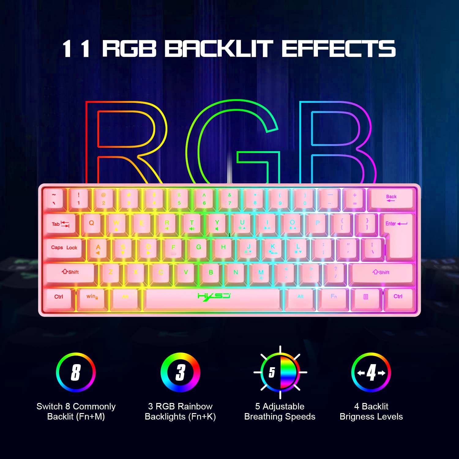 HXSJ V700 Teclado y Ratón para Juegos,Teclado para Juegos 60%,US Layout,Diseño Compacto de 61 Teclas,Retroiluminación RGB,Ratón con Sensor óptico,Luz LED de Colores,hasta 3600 dpi,para PC,Mac -Rosa
