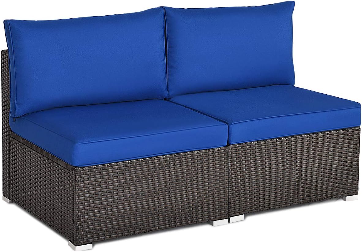 Tangkula 2 PCS Outdoor Wicker Armless Sofa, Patio Rattan Sectional Sofa Set w/2 Thick Seat Cushions and 2 Back Cushions, Additional Seats for Balcony Garden Patio Poolside (Navy Blue)