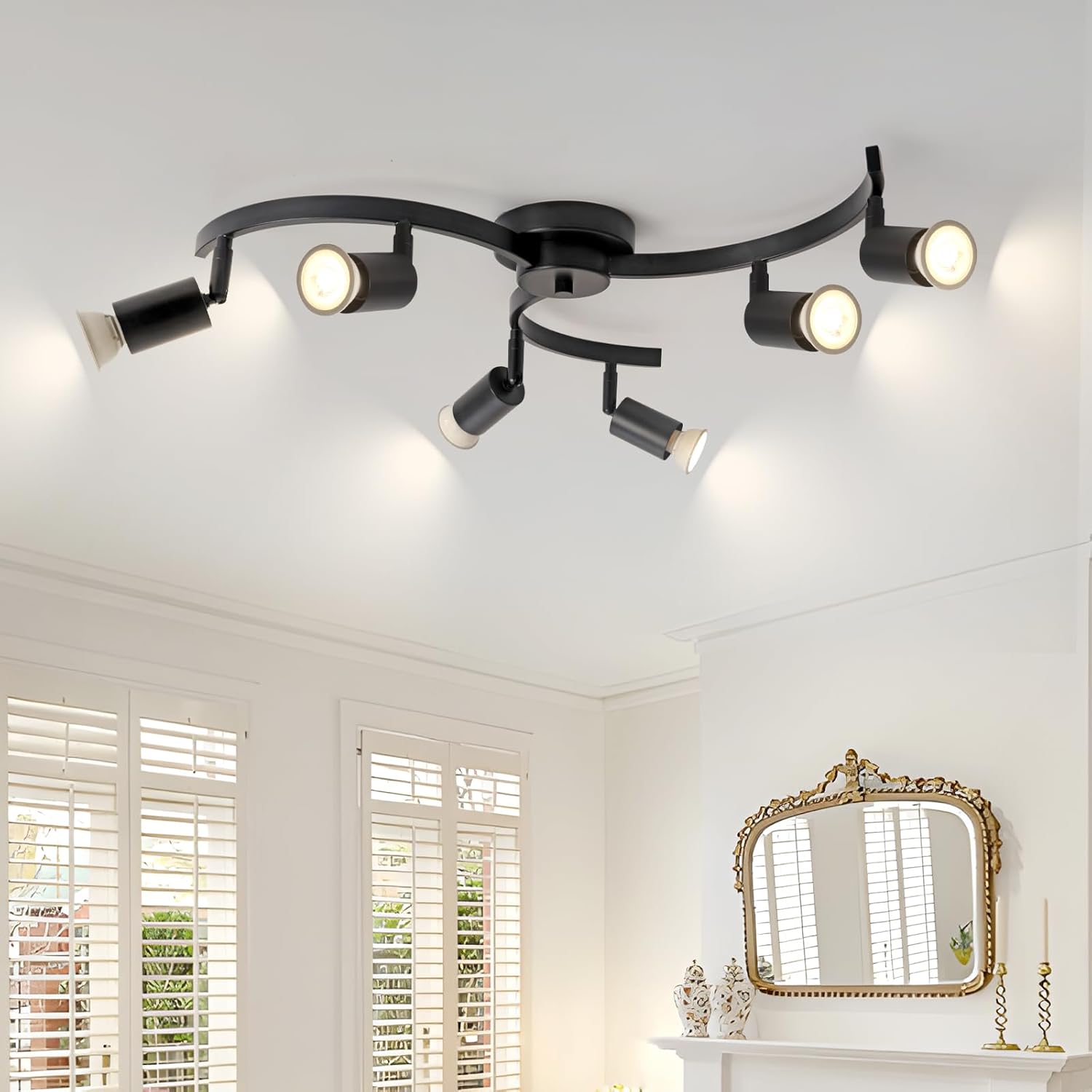 SEEBLEN 6 Light Track Lighting Fixtures Ceiling, Flexibly Rotatable Light Heads, Black Semi Flush Mount Ceiling Light for Kitchen Dining Room Living Room.Gu10 Bulb Base.