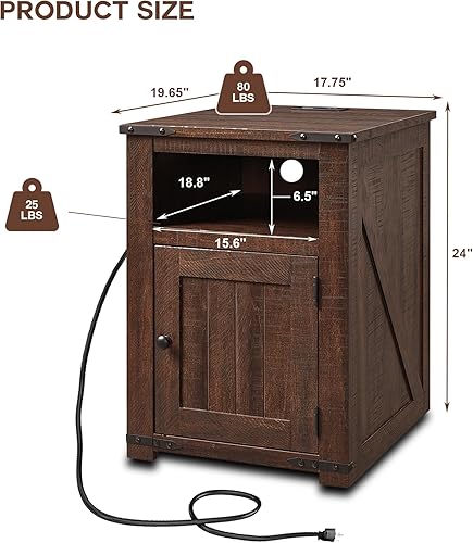 Miniatura 2 de Mesita de noche con estación de carga, mesa auxiliar de granja de 20 pulgadas con puerta de granero con ranura, mesita de noche auxiliar de madera
