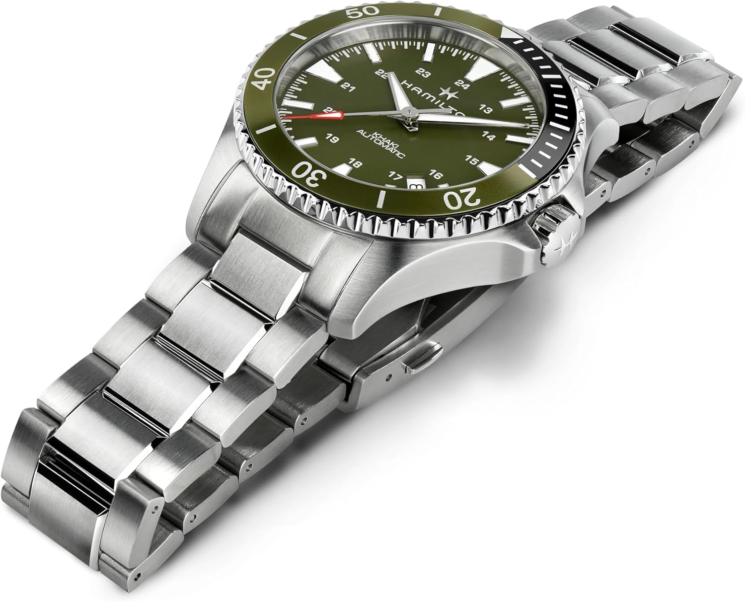 ด้านข้าง view of the Hamilton Khaki Navy Automatic watch, showing the crown and bezel.