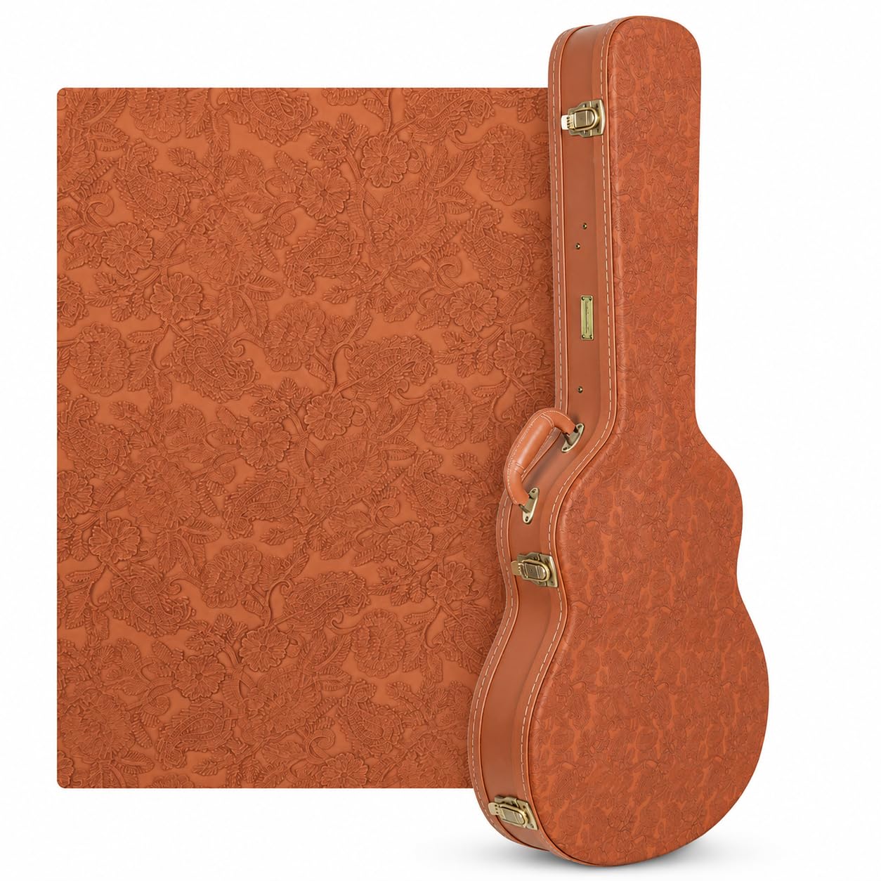Crossrock Etui na gitarę Relief Series 335 do gitar elektrycznych ES-335 i półdrążonych gitar elektrycznych, rzeźbione wykończenie z czerwonego drewna, kość słoniowa, pluszowe wnętrze, zamek