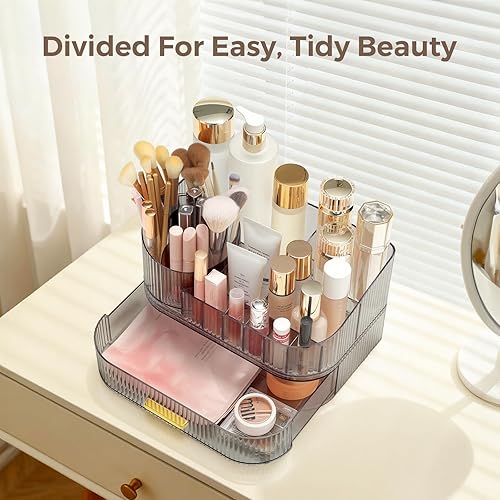 Miniatura 7 de Delamu Organizador de maquillaje para tocador con cajones apilables, soporte giratorio de 360º para brochas de maquillaje, vitrina grande de