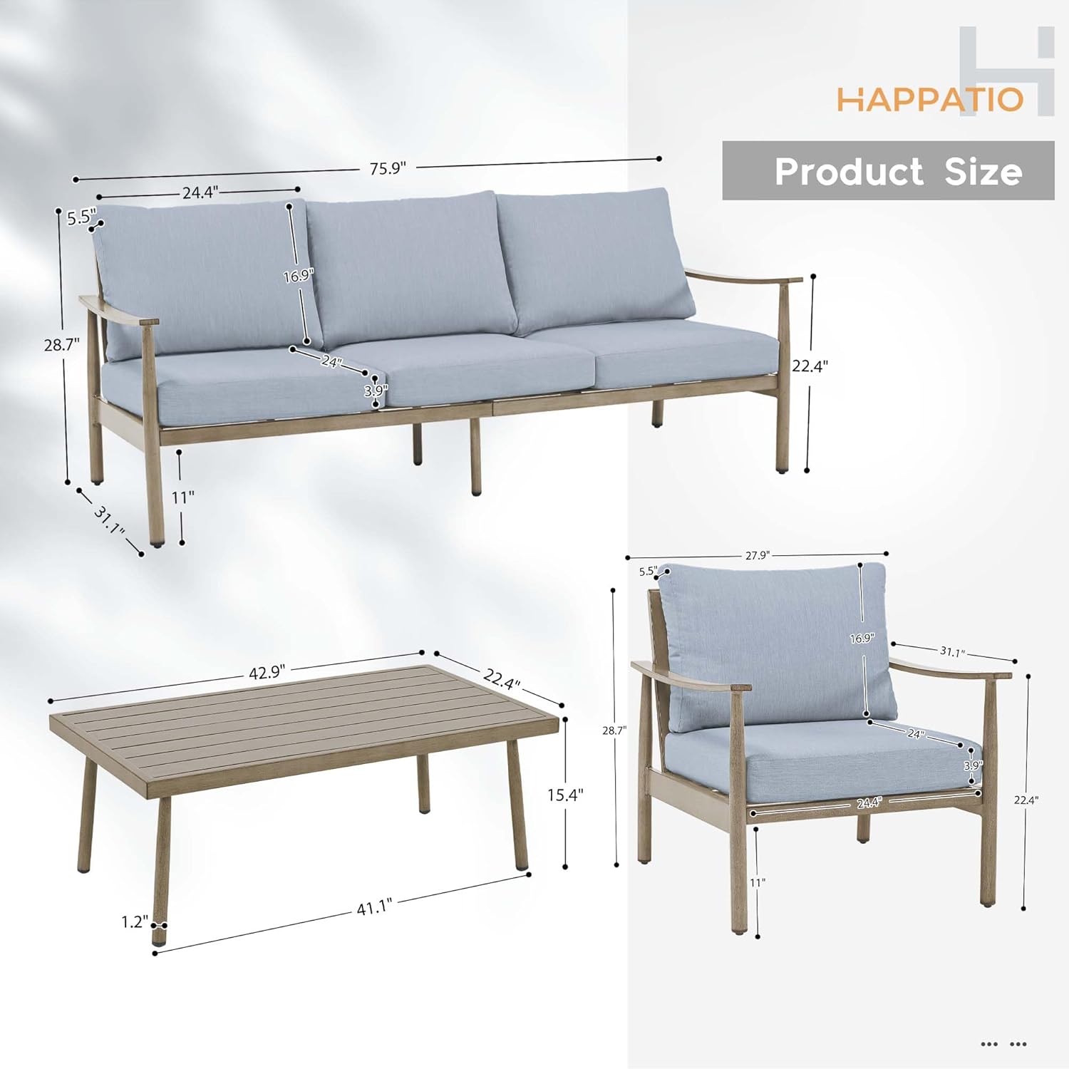 HAPPATIO Patio Outdoor Furniture Set - 4 Piece Aluminum Patio Conversation Set with 1 Coffee Table, 2 Armchairs and 1 Three-Seater Sofa, Aluminum Outdoor Furniture Set for Backyard Poolside(Brown) 3-Seat Sofa+Fixed Chairs Brown image 6 of 8 B0D6W62RG8