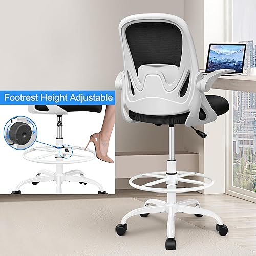 Miniatura 4 de Silla de dibujo alta de oficina con reposabrazos abatibles, altura ajustable y soporte lumbar mejorado, taburete ergonómico rodante, soporte