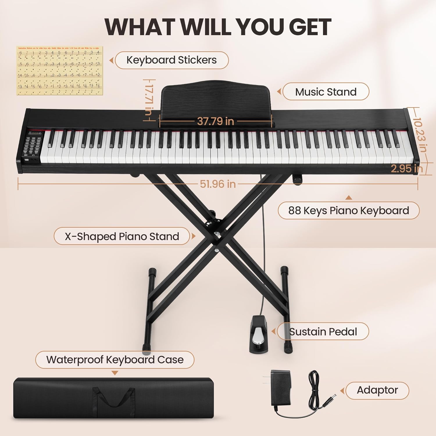 Rengue 88 Key Keyboard Piano, Full Size Semi Weighted Electronic Keyboard Piano Set with Stand, Metal Sustain Pedal,Carrying Bag, MIDI/USB/MP3, Portable Digtal Piano for Beginners Adults, Black