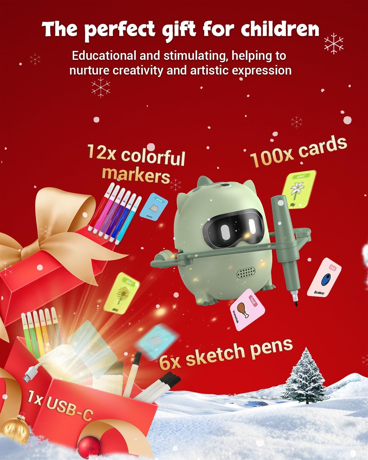 Drawing Robot for Kids, Montessori Drawing Robot with 100 Cards & 22 Pens, Music & Voice Guidance, Educational Interactive Learning Toys for Boys & Girls Ages 3-8, Birthday Party