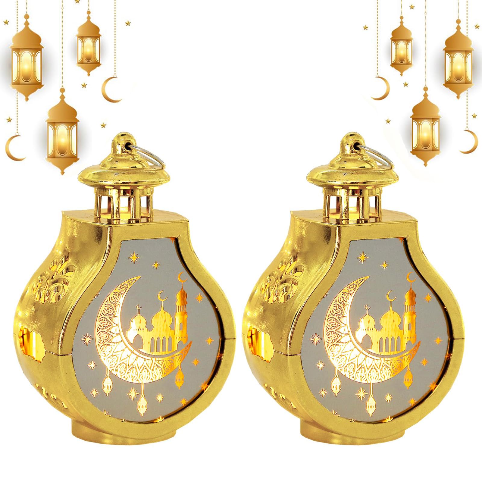 2 Pcs Mini Ramadan Lantern Lights, Vintage Hanging Candle Eid Mubarak Lanterns, Moon & Star Ramadan Decorations for Home Indoor Outdoor Table Decor (Gold)