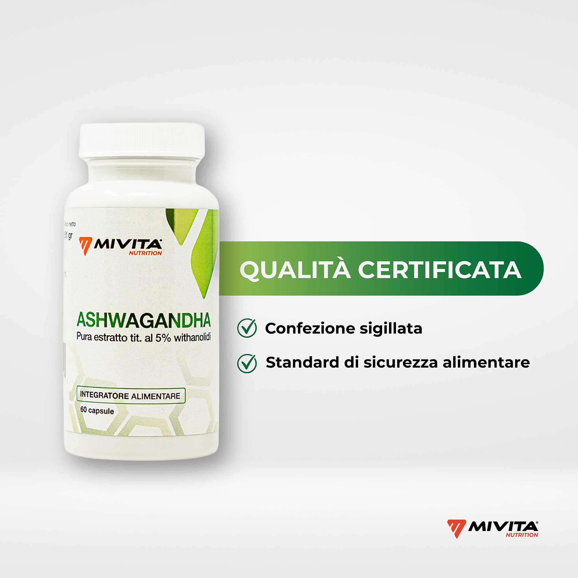 Mivita Ashwagandha Pura 600 mg - 60 Capsule Vegetali - Integratore Ashwagandha Vegana 25:1 5% Withanolidi - Supporto per Ansia e Stress, Cortisolo e Benessere