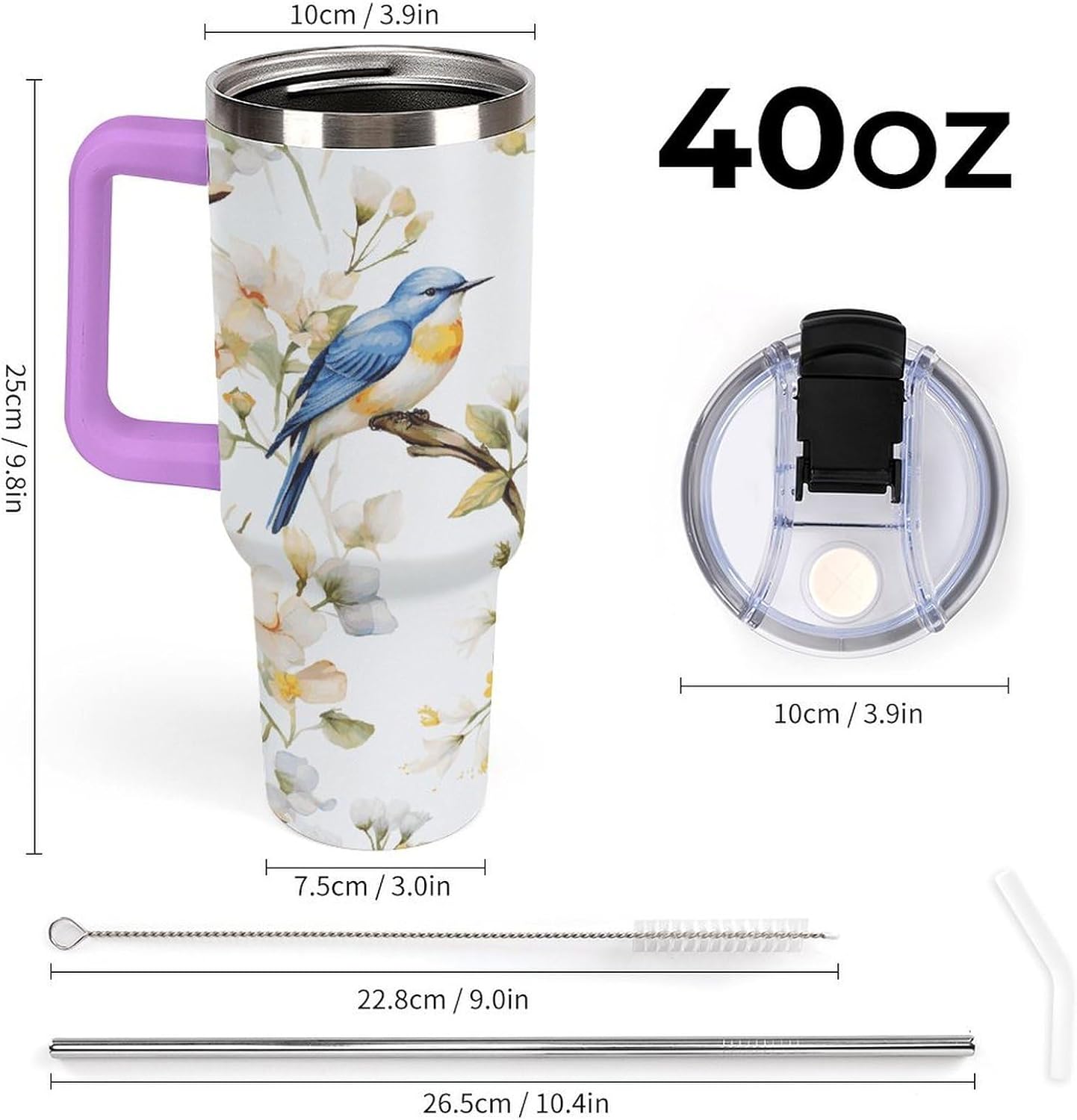 40 Oz Insulated Mug with Handle, Stainless Steel Watercolor Flowers And Birds Printed Travel Mug Portable Leak-proof Large Car Mug for Home, Office Or Car