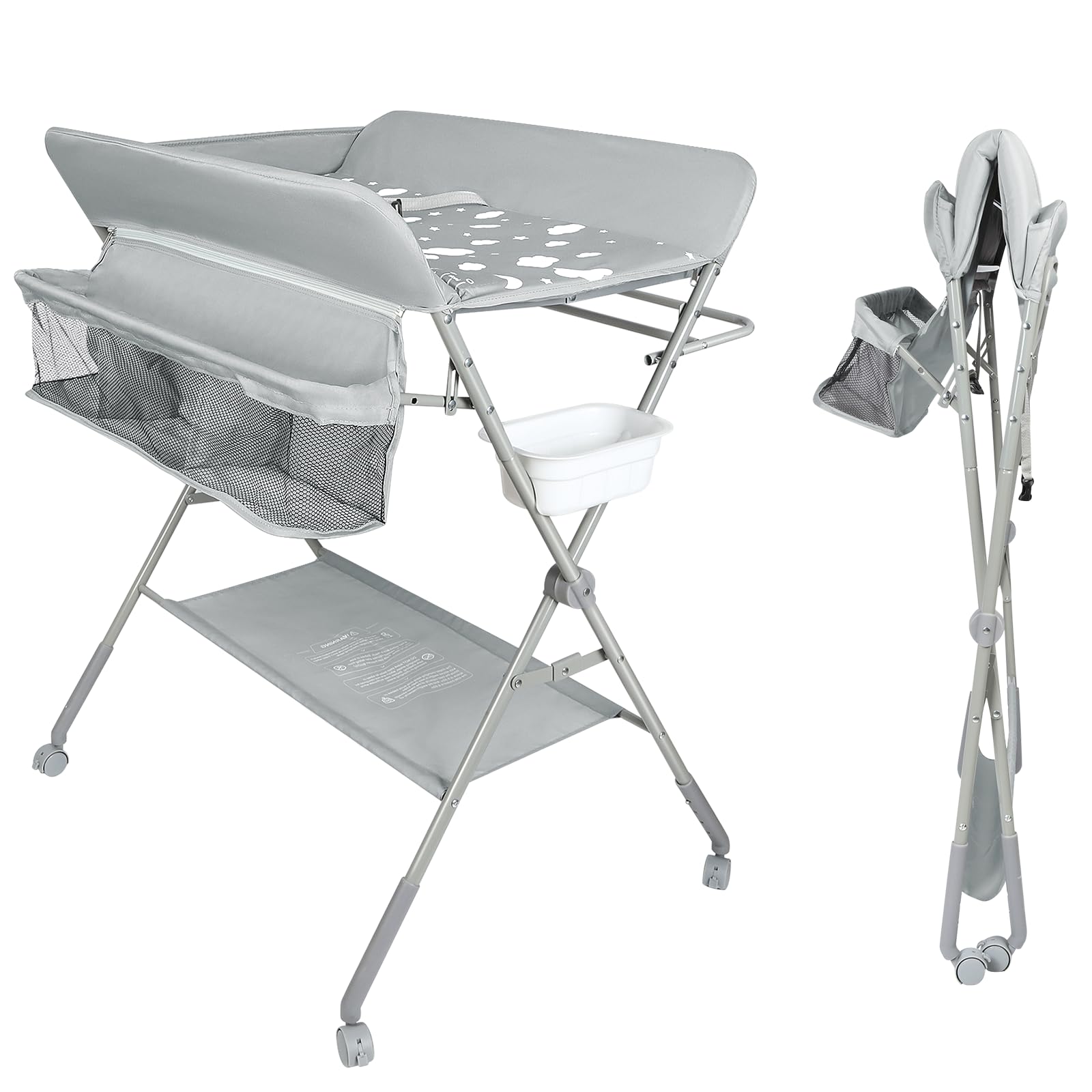Table à langer pour bébé avec roues, station à langer pliante portable à hauteur réglable avec organiseur de pépinière et support de rangement pour nouveau-né et nourrisson-80 * 58 * 90 cm-gris clair