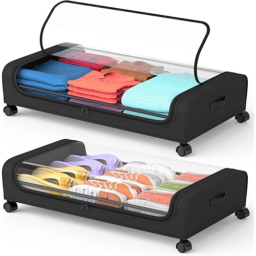 Underbed Storage with Wheels, 2Pack Underbed Storage Containers Under Bed Shoe Storage for Clothes Blanket Book, Under Bed Organizer for Bedroom Dorm