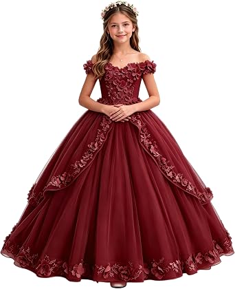 Tulle Flower Girl Dress Off Shoulder Pageant Dresses for Girls Floral Appliques Party Ball Gown Dress for Girls
