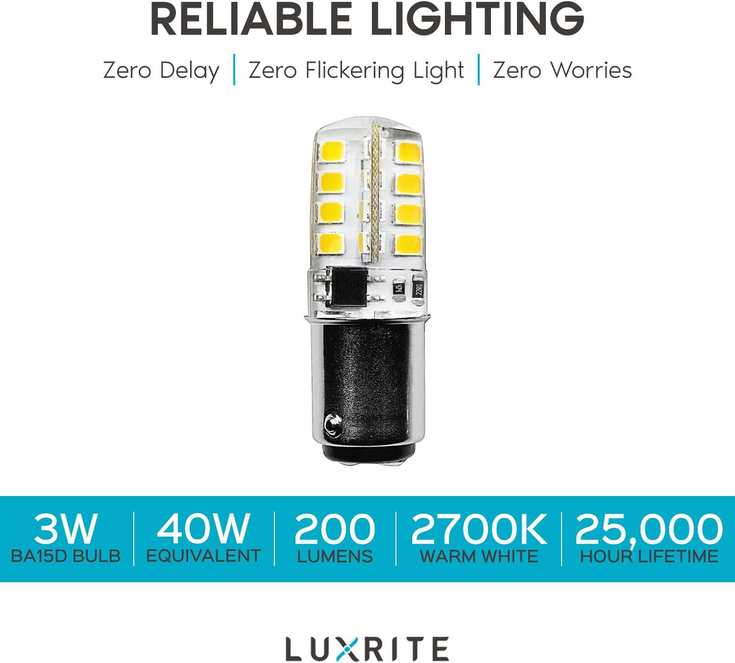 LUXRITE BA15D LED Bulb, 3W 120V, 40W Equivalent, Double Contact Bayonet Light Bulb, 2700K Warm White, 200 Lumens - Sewing Machine, Ceiling Fan, Desk Lamp, Pendant Lighting (6-Pack)