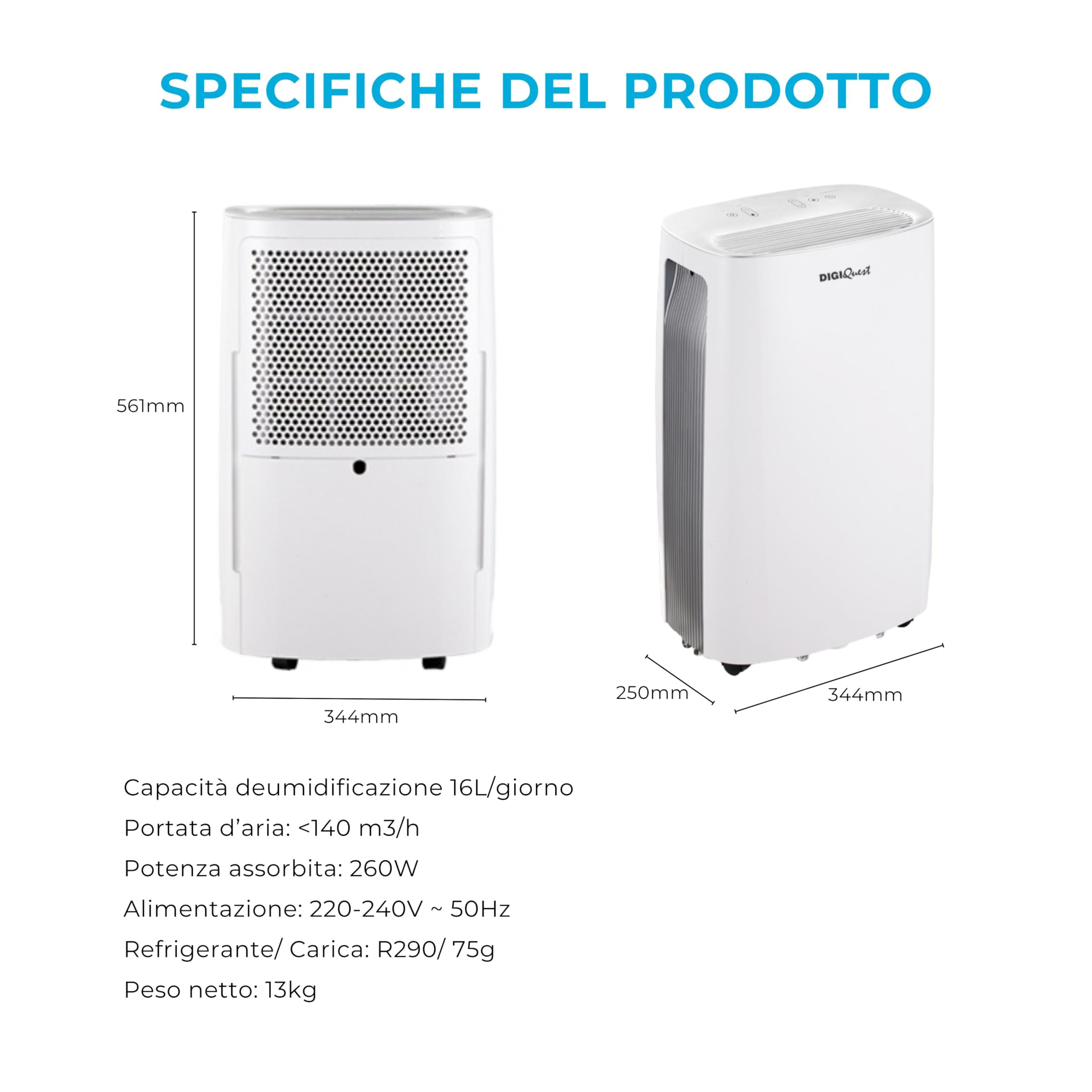 DIGIQUEST Przenośny osuszacz powietrza DEUMì16-16L/24h | Zapobiega pleśni i kondensacji w każdym sezonie | Blokada dla dzieci | Zbiornik 3,7 l | 2 prędkości | 24 h timer | R290 | Ciągły drenaż i koła