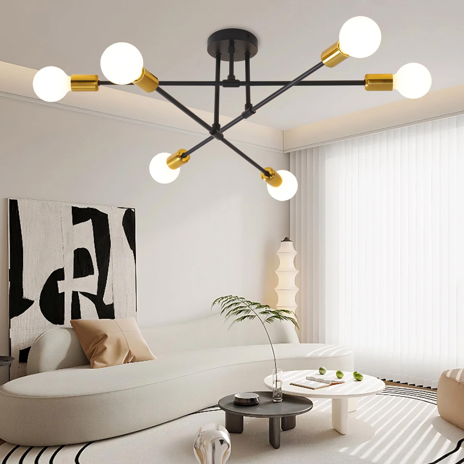 Psatfito G Modern Chandelier Sputnik Ceiling Lamp, 6-Light E27 Industrial Style Chandelier, Simple Retro Lamp for Dining Room, Bedroom, Living Room - Black Gold [E-Class Energy Efficiency]