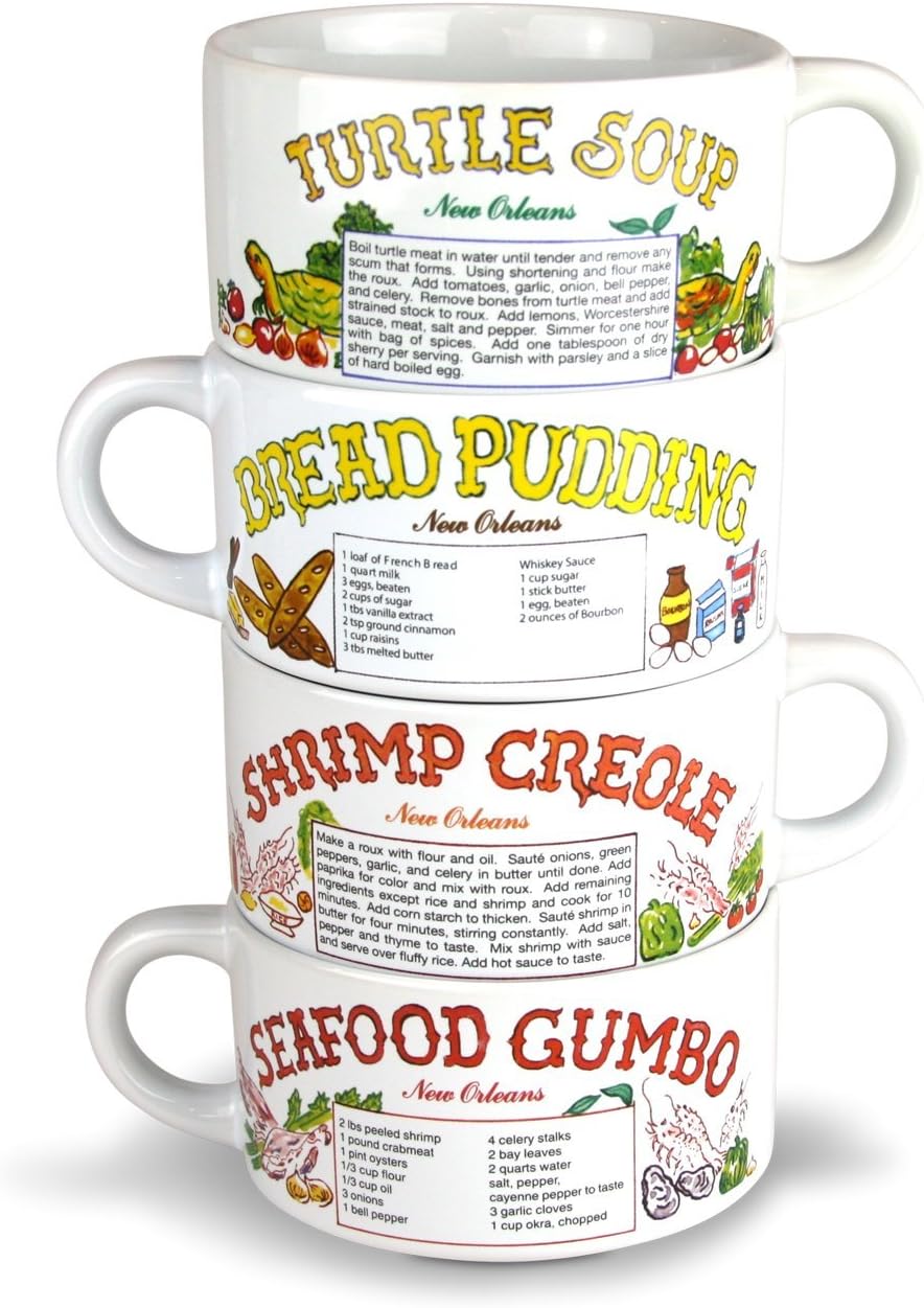 Recipe Gumbo Bowl Set of 4 -Turtle Soup, Shrimp Creole, Seafood Gumbo, Bread Pudding