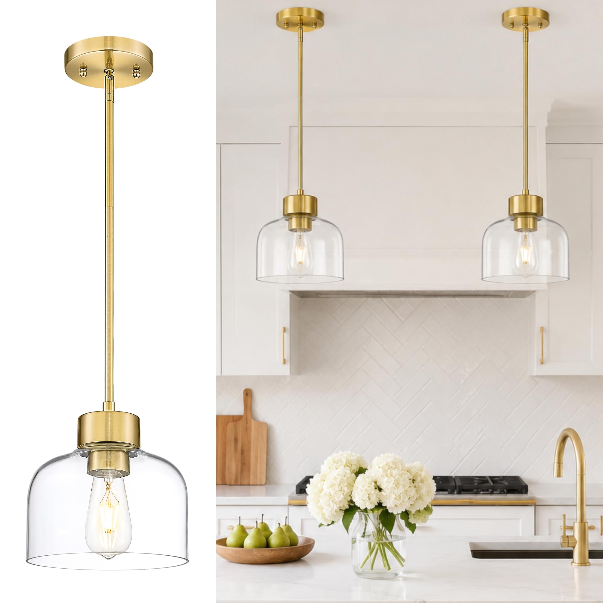 8" Brushed Gold Pendant Lights Kitchen Island, Clear Glass Shade