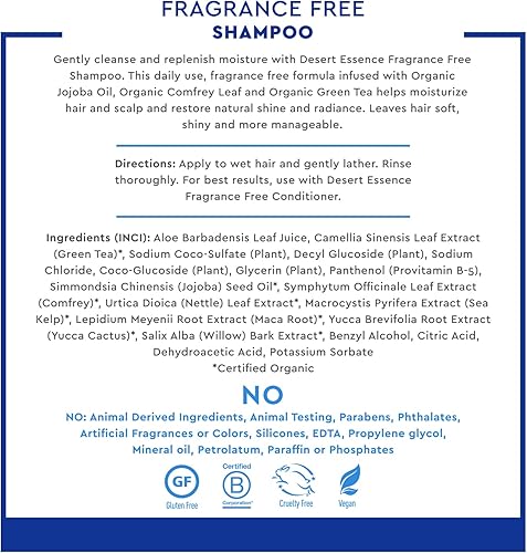 Miniatura 3 de Desert Essence Champú sin fragancia – 8 onzas líquidas – Limpiador suave sin perfume con aceite de jojoba, té verde y consuelda – Suaviza y