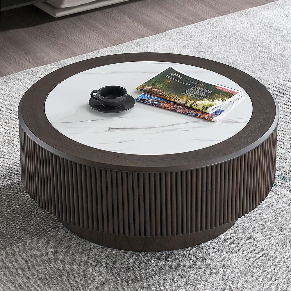 31.5'' Round Marble Coffee Table for Living Room Mid Century Modern Fluted Coffee Table Circle Center Tables with Pedestal for Apartment Dark Brown