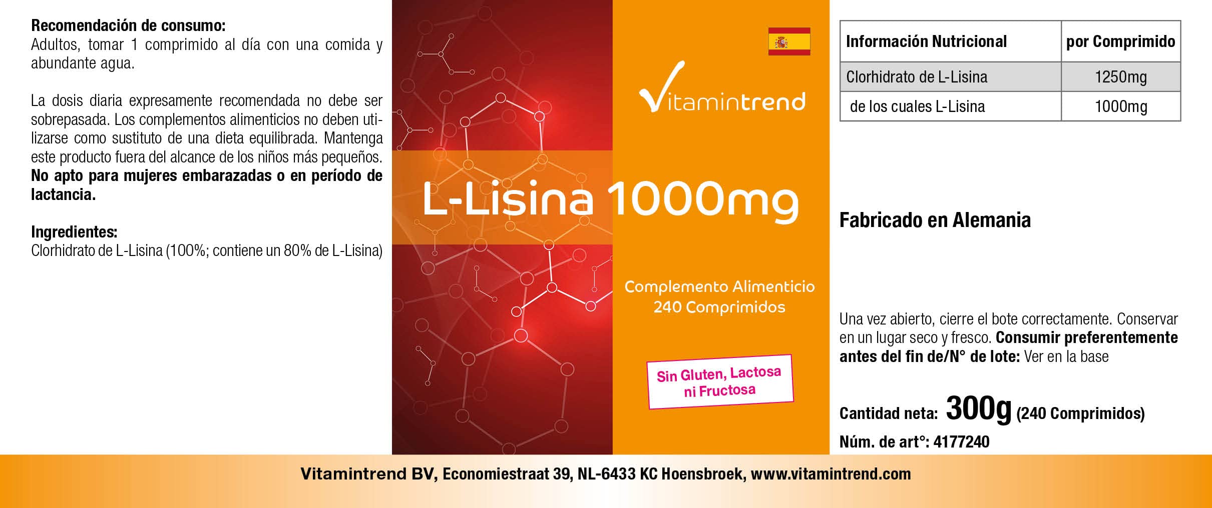Vitamintrend L-Lisina 1000 mg, 240 compresse, ad alto dosaggio, integratore alimentare vegano senza stearato di magnesio, prodotto in Germania