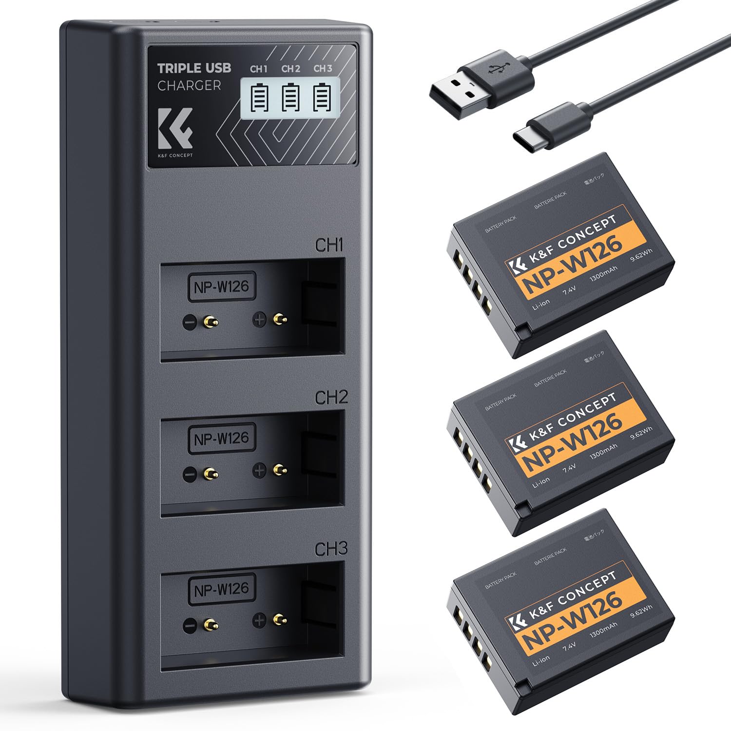 K&F CONCEPT NP-W126 NP-W126S Batterie et Chargeur à Trois Slot Compatible avec Fujifilm XM5, X100VI, X100V, XS10, XT30, XT30 II, XT20, XE4, XE5, A5,X Half(HF1)