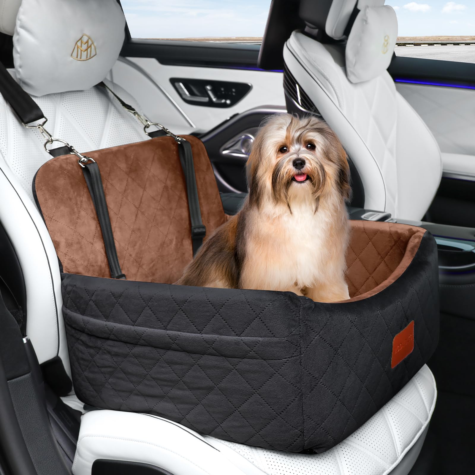 WOOAIDAGG Hondenautostoeltje, reisautostoel voor huisdieren met twee clip-on veiligheidslijnen, superzachte stof met traagschuim, puppy-autostoeltje, eenvoudig te installeren, volledig verwijderbaar