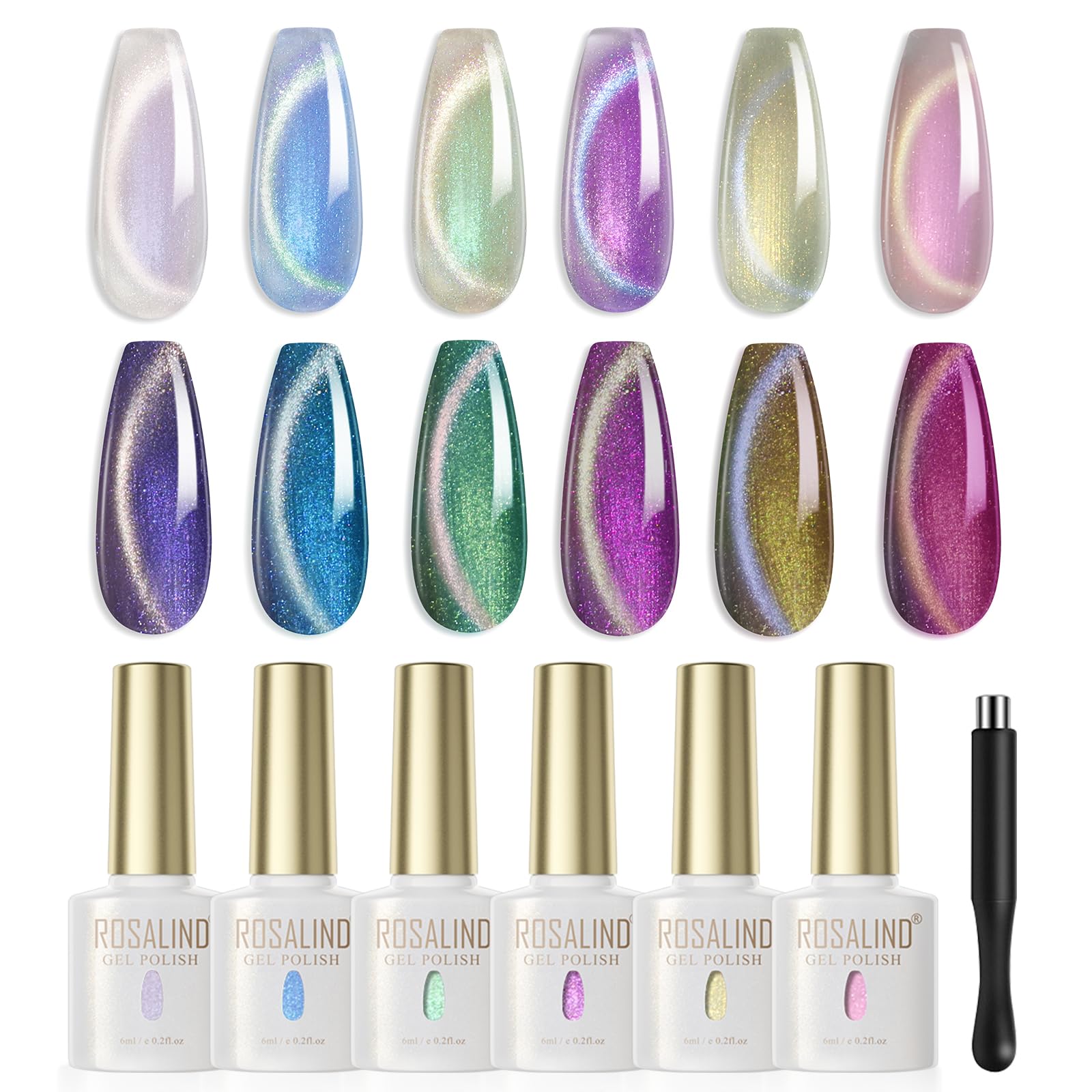 ROSALIND Zestaw lakierów do paznokci Aurora Cat Eye, 6 kolorów Fioletowy Niebieski Brązowy Zestaw żeli do paznokci Cat Eye z Manget, Soak off UV/LED długotrwały lakier żelowy Manicure dla kobiet