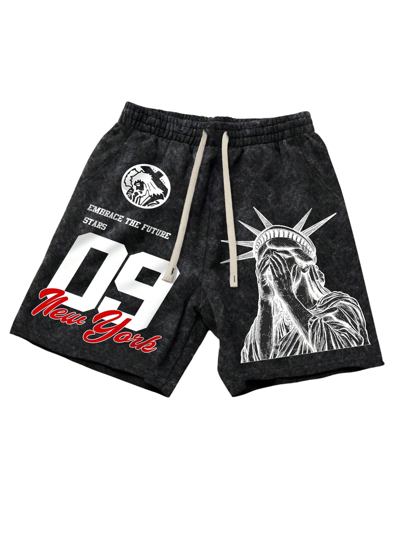 Men's Letter Graphic Track Shorts Y2K Straight Leg Basketball Drawstring Acid Wash Shorts