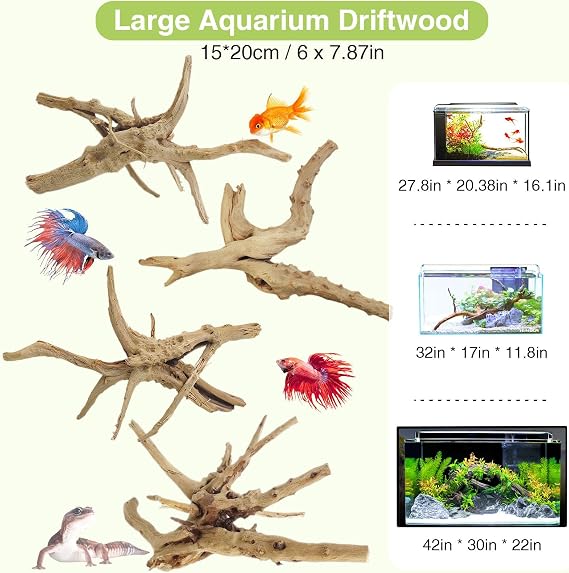 Tfwadmx Natural Driftwood for Aquarium, 6-8 4 Pcs Wood Aquarium Decorations Fish Tank Log Reptile Tree Branches, Assorted Spider Wood Branch