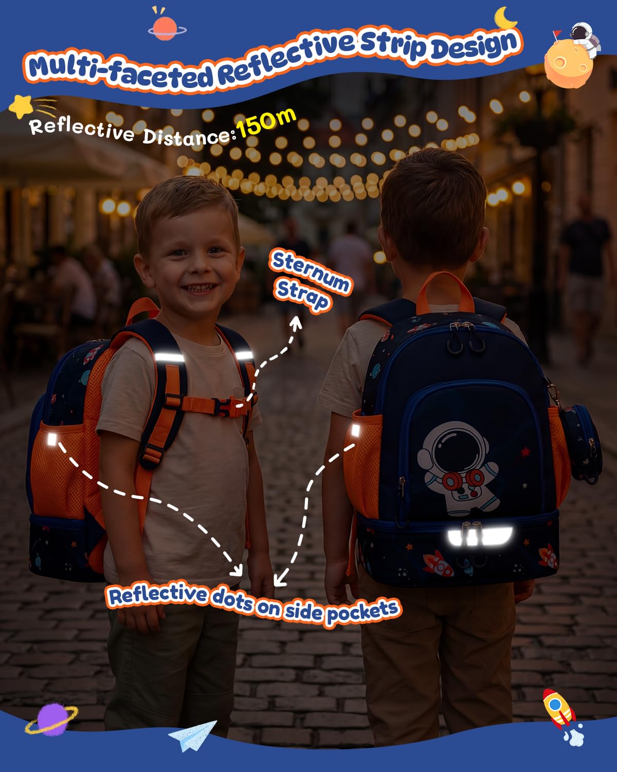 PROTAURI Zainetto Asilo Bambino con Cinturino Toracico, Zaino Bimba Asilo Riflettente con Scomparto Isolato & Portamonete, Zaino Asilo Nido Impermeabile per 2-6 Anni, 11.5L, Astronauta