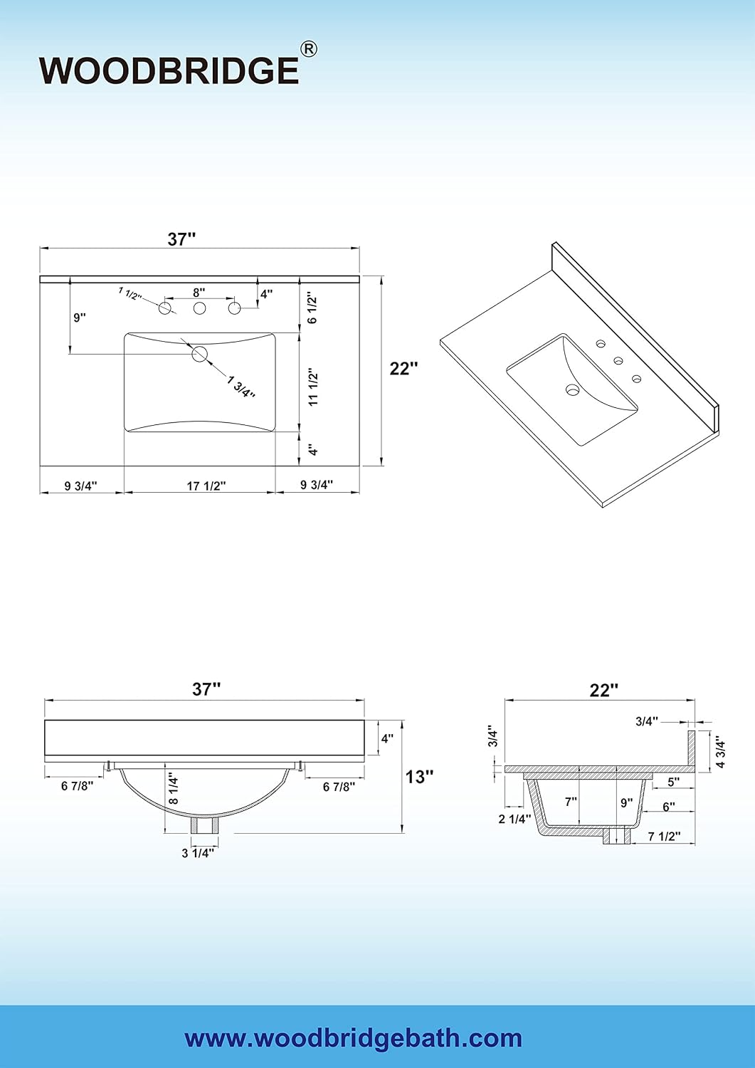 WOODBRIDGE 37" x22" Vanity Top with Single Under Mount Rectangle Bowl, Carrara White Marble, Pre-drilled with 3-hole for 8-inch Widespread Faucet set up Option, CAVT3722-8