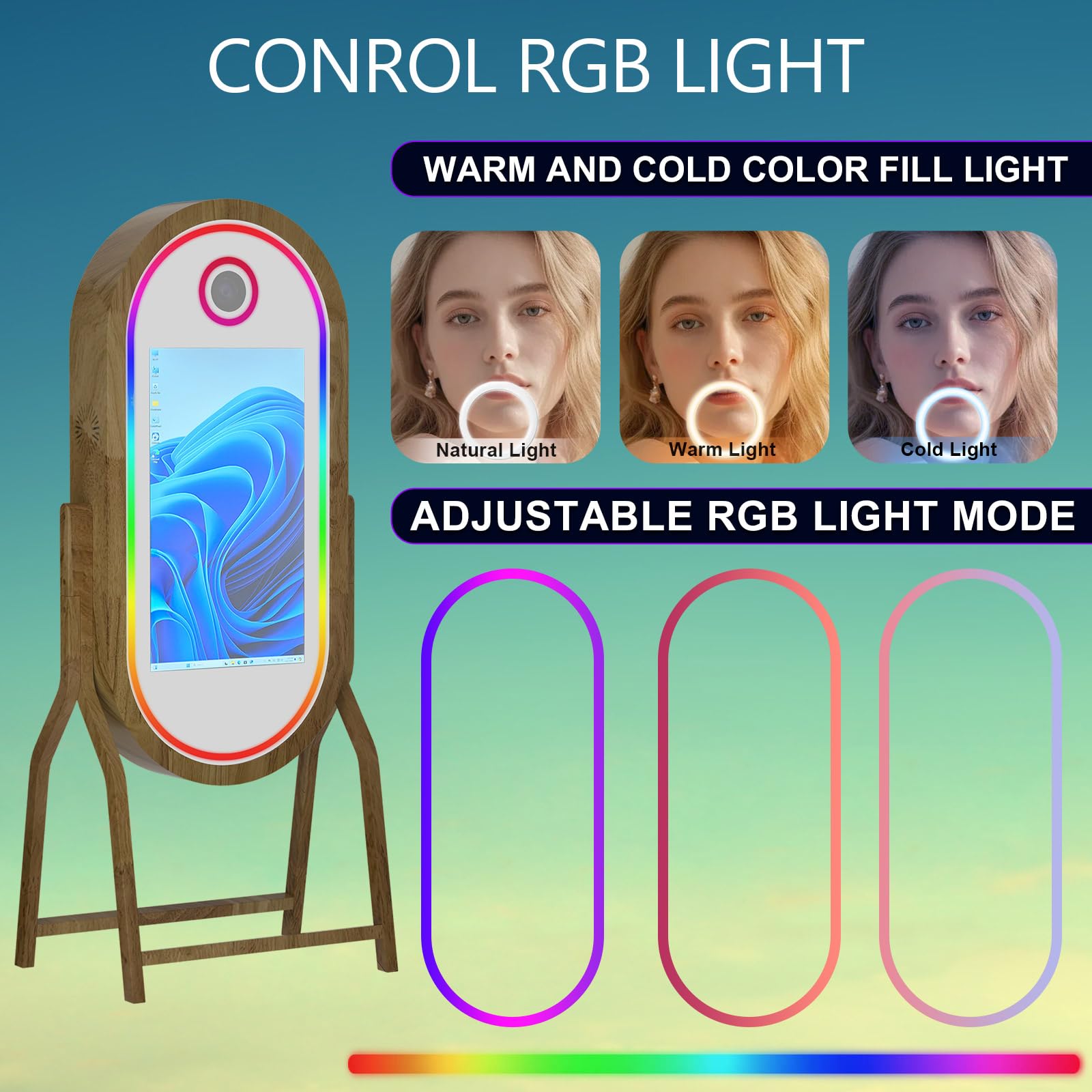 Appareil photo miroir magique de 152,4 cm avec écran tactile de 81,3 cm, support pour selfie, cadre lumineux RVB et étui de vol pour événement, location, fête de mariage (machine + mini imprimante)