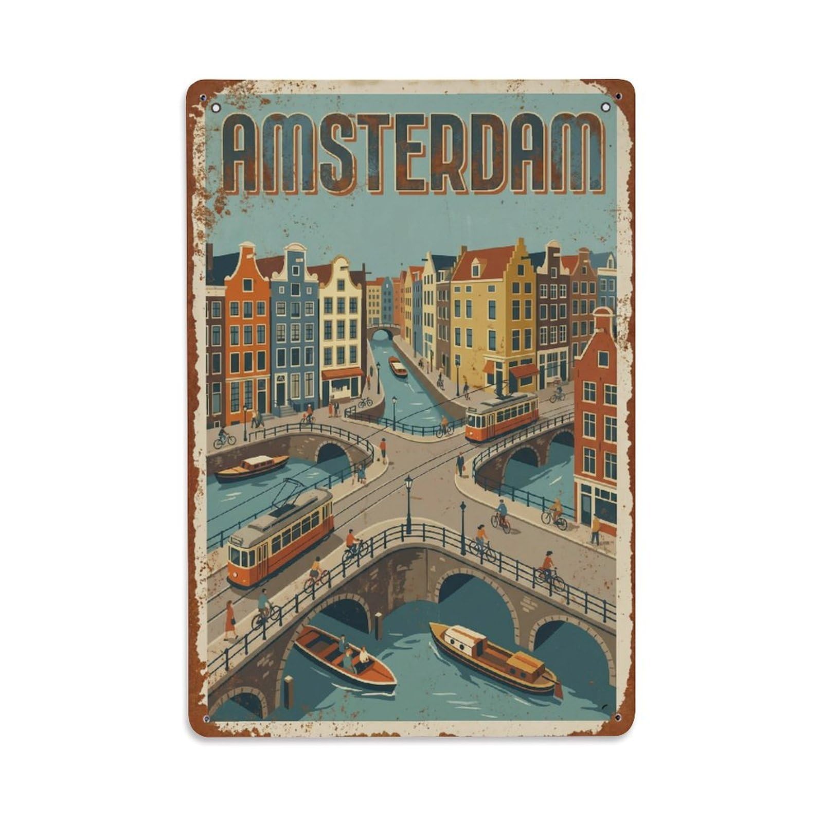 Okngb Style Crossroads Amsterdam Holland Vintage City Travel Canal Metal Tin Sign Plaque Wall Decor For Cafe, Man Cave, Club Bar, Office, Home Garden Round Metal Poster 8X12inch