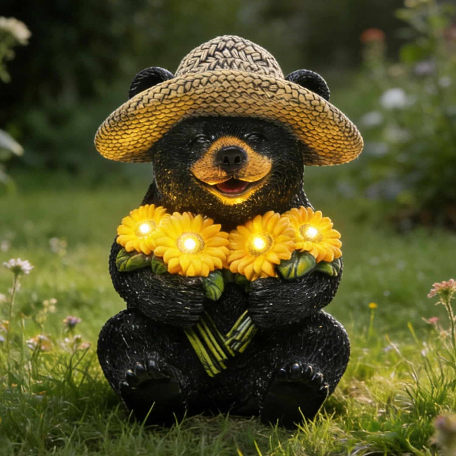 Solar Garden Decor Statues 7.5" Resin Black Bear Figurines with Sunflowers Featuring Straw Hat Waterproof Bear Decor for Outside Yard Patio Porch Decoration Gift for Mom Grandma