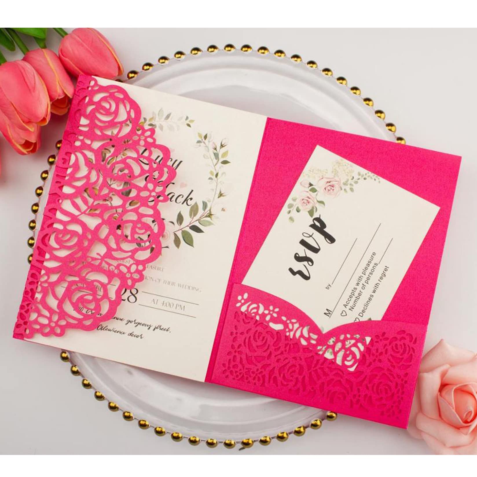 Lot De 10 Enveloppes Mariage Découpées Laser Pailletées Dorées Avec Cartes Invitation – Élégance Festive