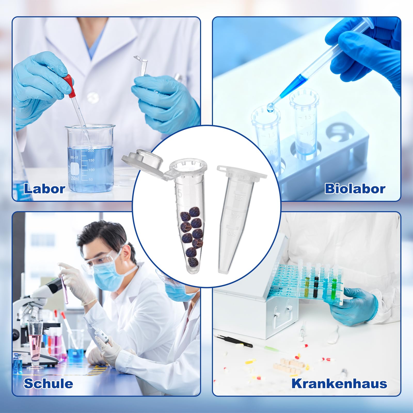 Lot de 500 1.5ml tube à centrifuger, micro centrifugeuse tube, tubes à essai en plastique avec couvercle, micro tubes à essai flacon pour laboratoire d'échantillons de flacons d'essai