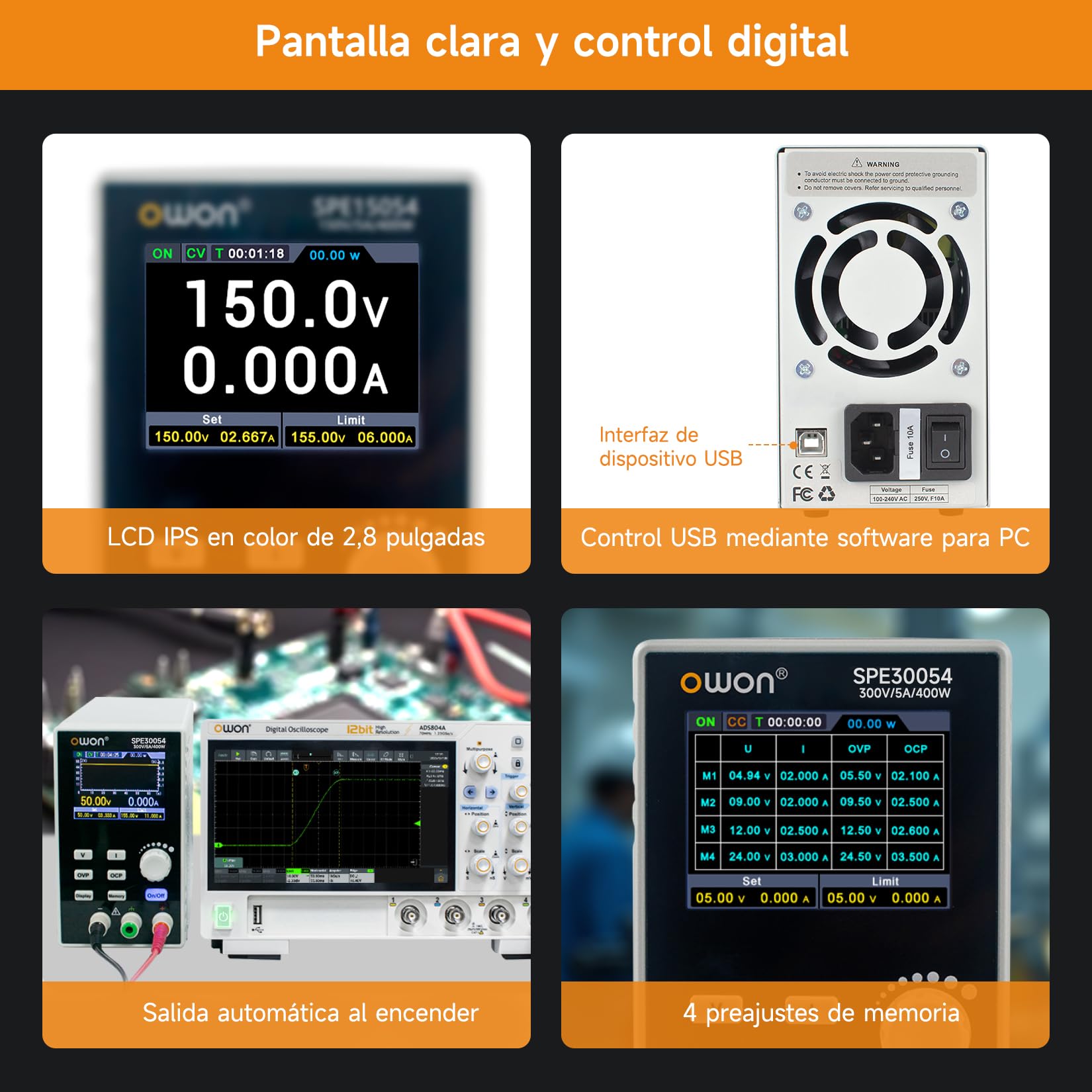 OWON SPE30054 Fuente de Alimentación DC Programable 300V 5A 400W, Salida Única, Modos CV/CC, Interfaz USB, Soporte Modbus y SCPI