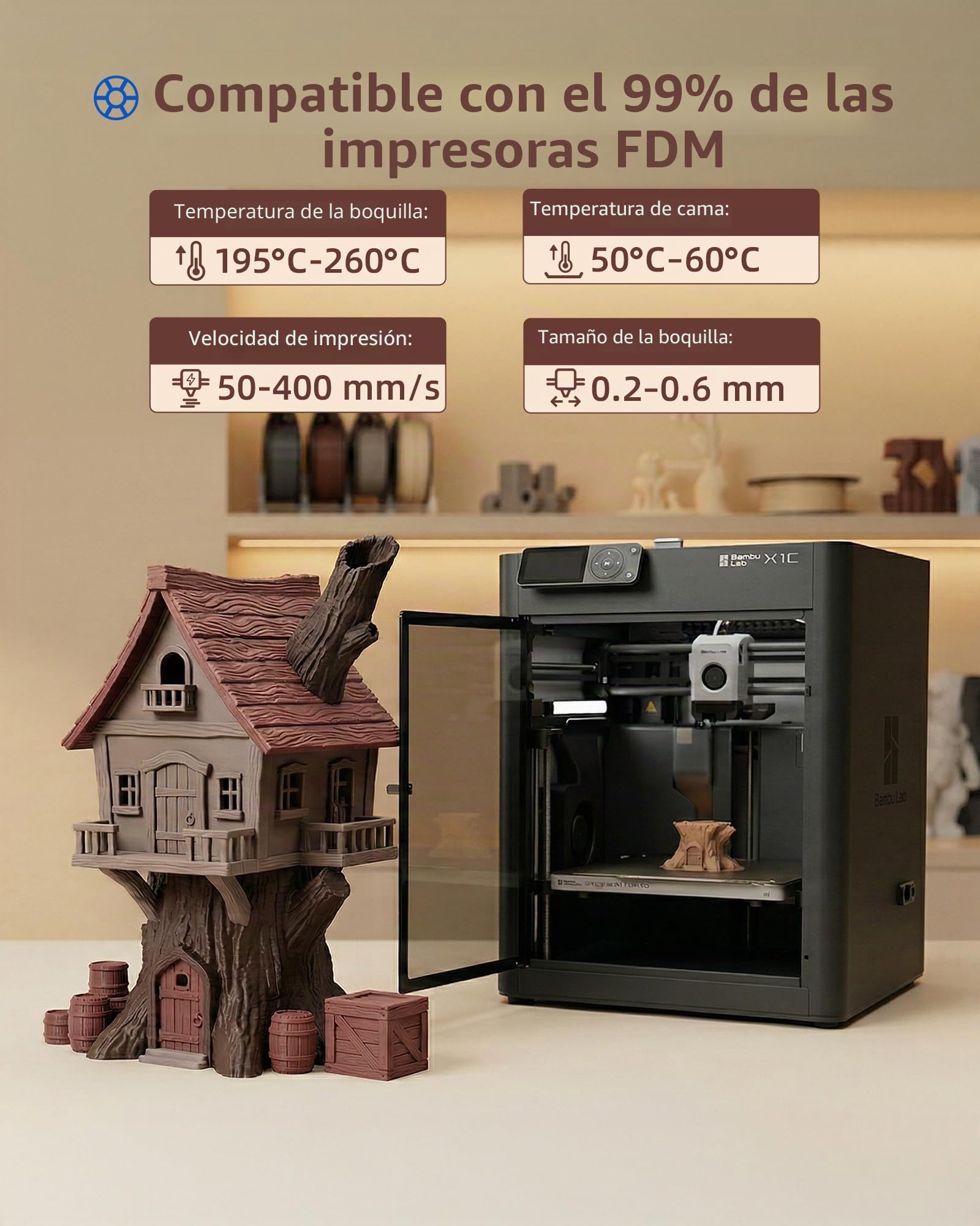 Inslogic Filamento WoodFill PLA 1,75 mm para Impresora 3D, Paquete Multicolor de 4 kg, Textura Real de Madera, compatible con la mayoría de las impresoras FDM 3D (Arce+Madera Natural+Nogal+Cerezo)