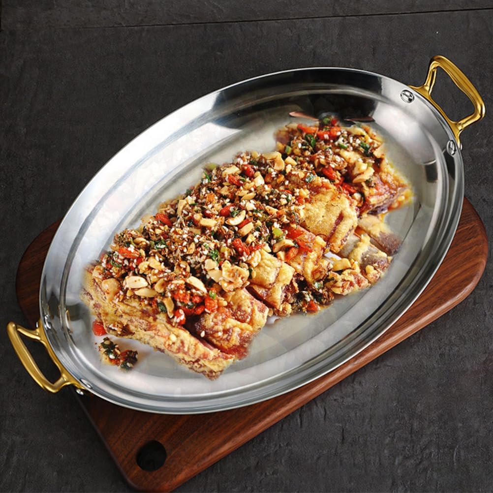 Oval Spanish Paella Pan, Silver Stainless Steel Seafood Lobster Plate Uncoated Nonstick Cooking Skillet Cookware with Dual Handles for Homes Or Restaurants,Medium