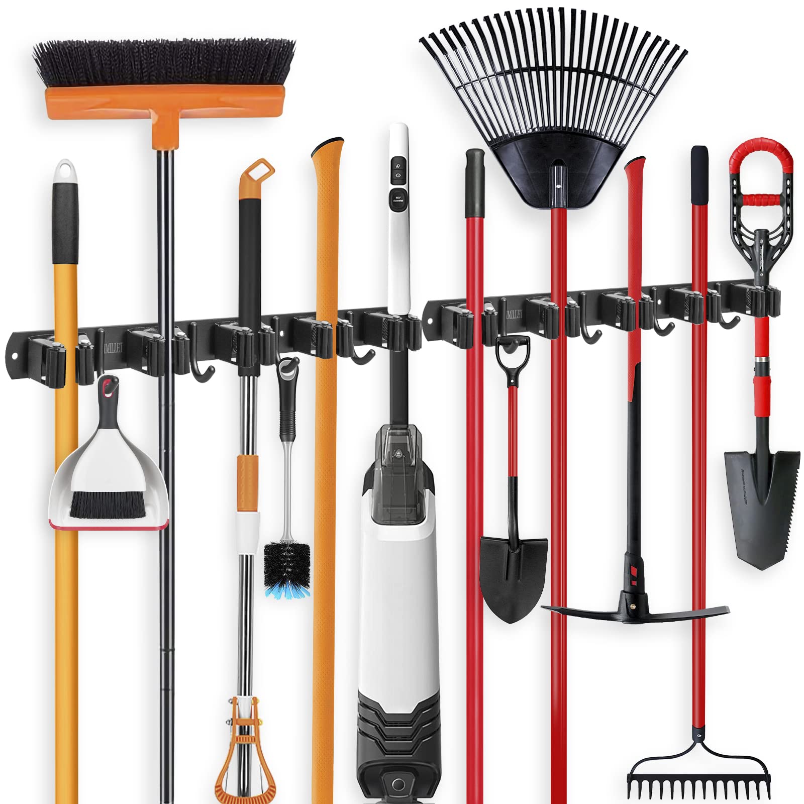 IMILLET Confezione da 2 portaspazze e scopa da parete, in acciaio inox, organizer per scope, resistente, autoadesivo, per lavanderia, garage, giardino (5 rack e 4 ganci)